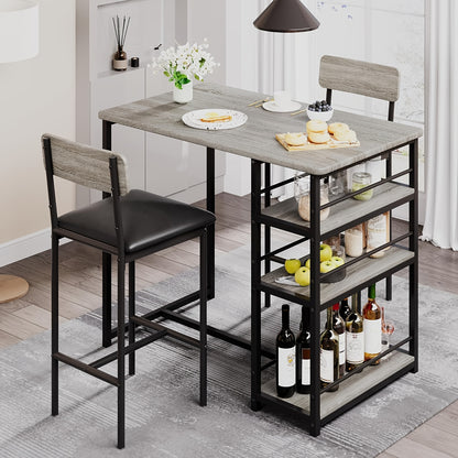 2-Person Kitchen Dining Table and Chair Set with 3-Tier Storage Shelves - Space-Saving Modern Farmhouse Style High Bar Table with PU Upholstered Chairs, Sturdy Wood & Steel Construction, Surface, Grey Finish for  Spaces, Apar