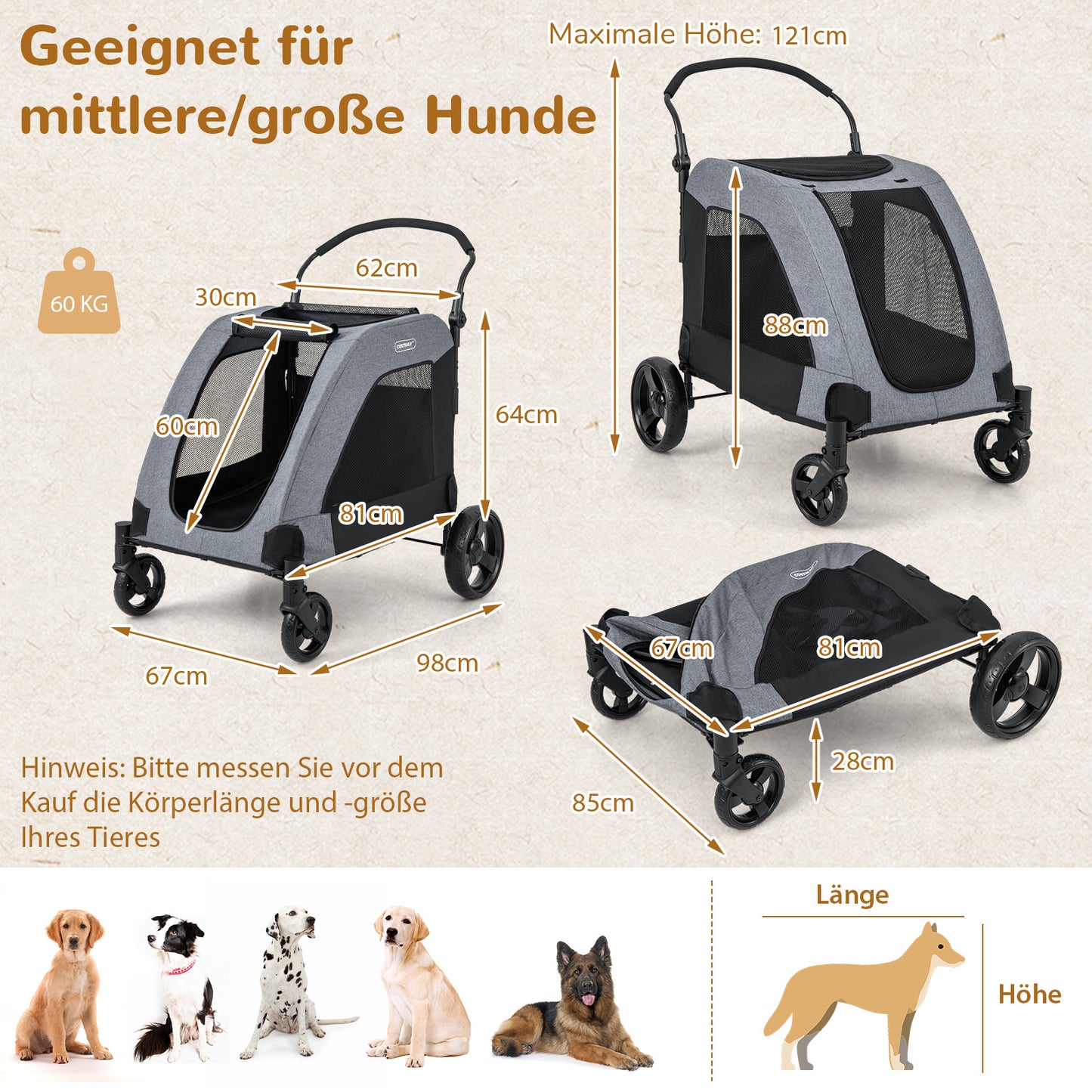 Hondenbuggy – Hondenwagen – Huisdierenwagen – Wandelwagen – Pet Stroller – Inklapbaar – Voor Middelgrote en Grote Honden – Met Grote Voordeur en Verstelbare Handgreep