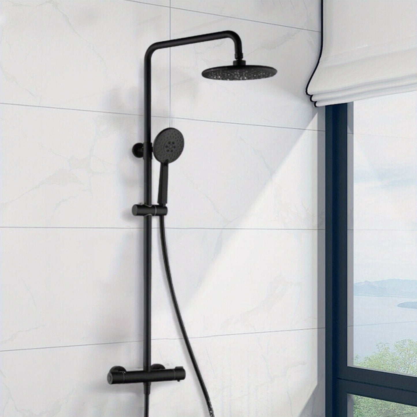 Doucheset – Regendouche – Douchekraan – Handdouche – Douchekop – Mat Zwart – Thermostaatkraan Met Veilige Temperatuur – Verstelbare Doucherail 83-122 cm