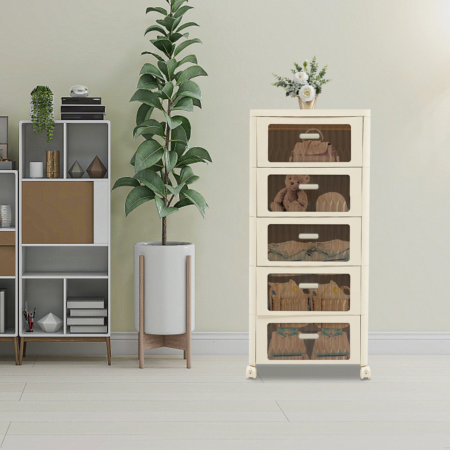 Opbergkast – Opbergbox – Ladenkast – Opbergrek – Organizer – 5 Laden – Wieltjes Met Rem – Compact 41,7x32x97 cm – Modern Wit Transparant – Stevig Lichtgewicht Plastic