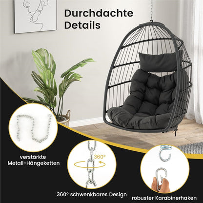 Hangstoel – Hangstoel met Kussen – Hangmatstoel – Schommelstoel – Zitzak – Inklapbaar – PE Rattan – Inclusief Ophangsysteem – Max. 150 kg – Grijs