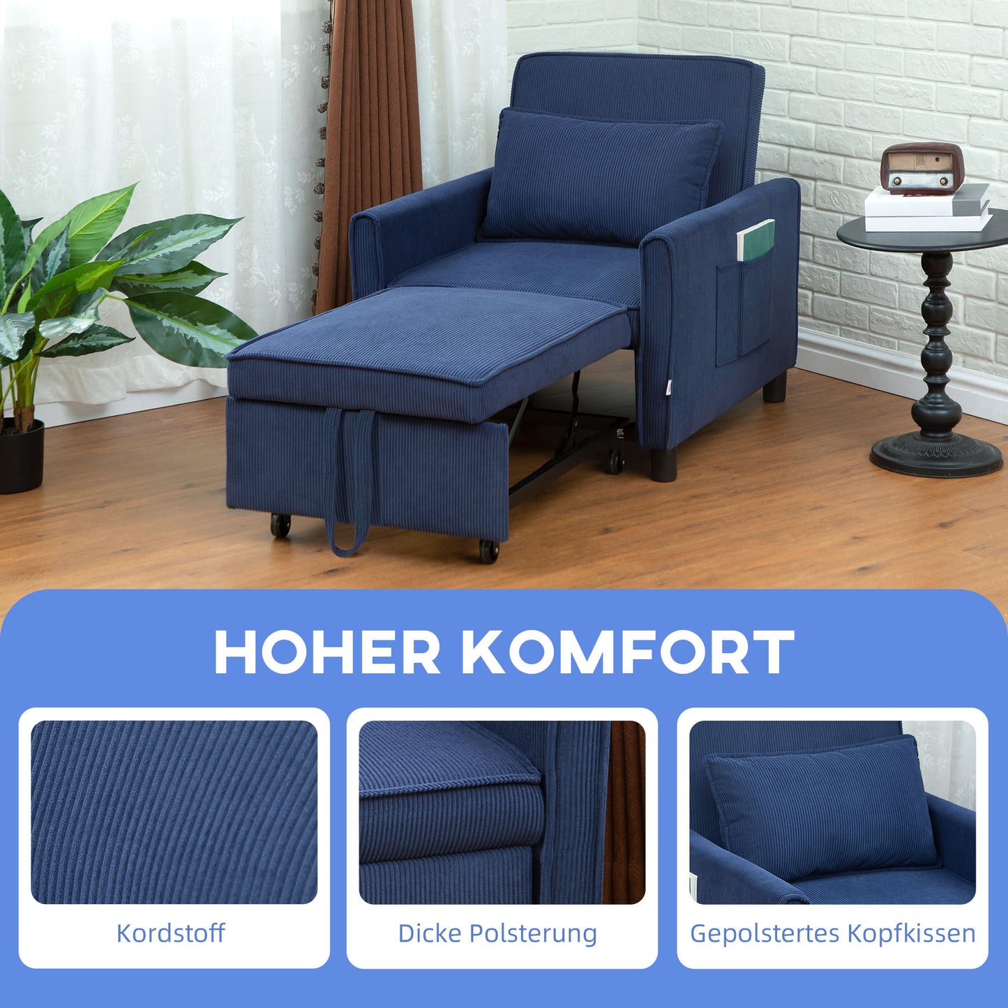 Ligstoel – Slaapstoel – Relaxfauteuil – Ligbed – Opvouwbare Tuinstoel – 3-in-1 Met Verstelbare Rugleuning – Stevig Eucalyptus Hout Met Wieltjes – Blauw