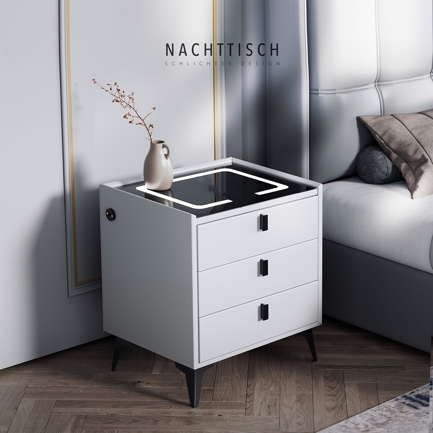 Nachtkastje – Bedside Table – Nachtkast – Bedtafeltje – Nachtkastje Met 2 Lades – Instelbare LED-Verlichting – USB Oplaadpoort – Zwart-Wit Houtlook