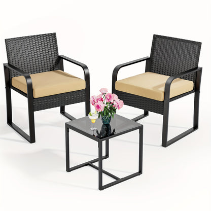 3-delige Rattan Tuinset – Balkonset – Loungeset – Bistroset – Tuinmeubelset – Gele Kussens – Duurzaam Rattan – Glazen Tafelblad