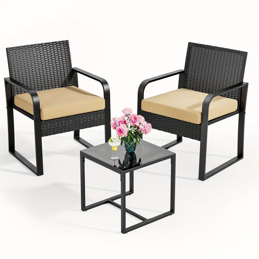 3-delige Rattan Tuinset – Balkonset – Loungeset – Bistroset – Tuinmeubelset – Gele Kussens – Duurzaam Rattan – Glazen Tafelblad