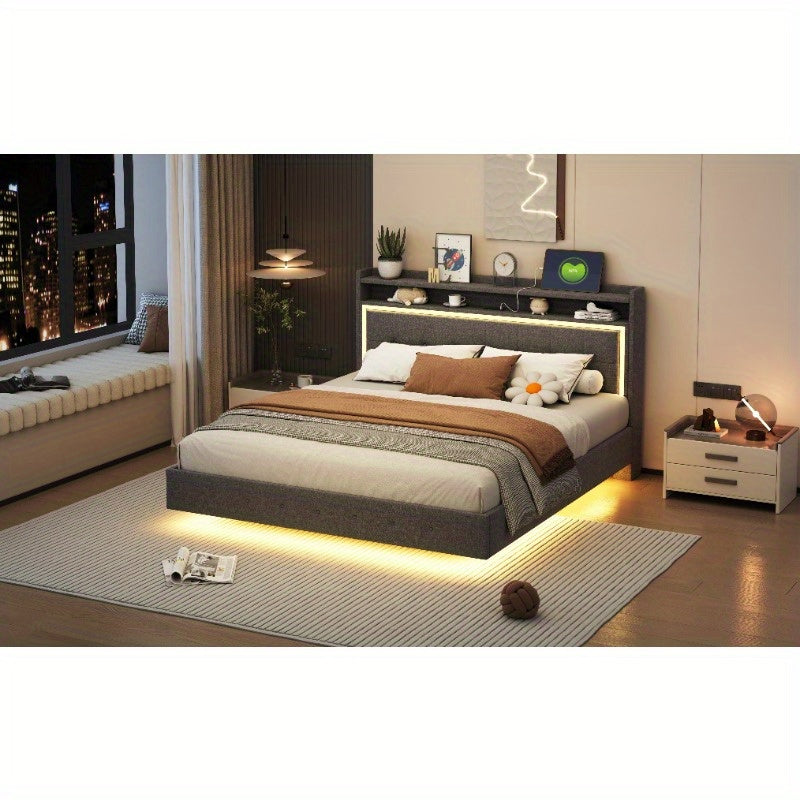 Bedframe – Ledikant – Slaapkamerset – Boxspring – Tweepersoonsbed – Grijs Linnen – Zacht Hoofdbord – Verborgen Poten – Modern Design – 160x200 cm Stabiel