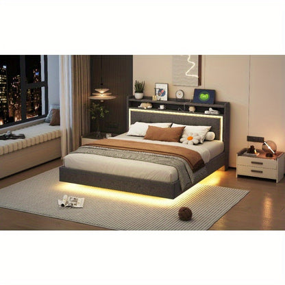 Bedframe – Ledikant – Slaapkamerset – Boxspring – Tweepersoonsbed – Grijs Linnen – Zacht Hoofdbord – Verborgen Poten – Modern Design – 160x200 cm Stabiel