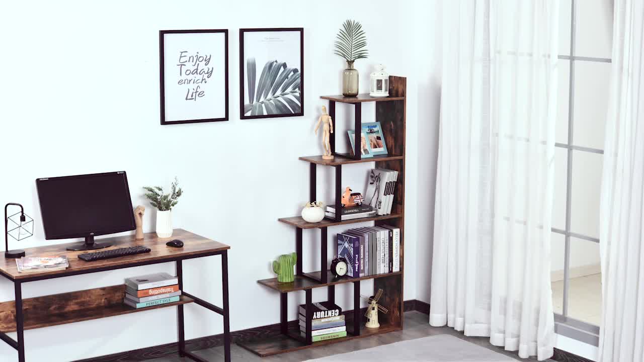 Trapvormige Boekenkast – Boekenkast Industrieel – Open Kasten – Roomdivider – Vakkenkast – Robuust Hout – 5 Niveaus – 102x30x160 cm – Rustieke Bruin