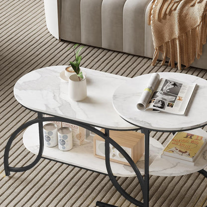Salontafel – Bijzettafel – Woonkamertafel – Koffietafel – Tafelset – Ronde Tafels – Marmerlook Blad – Gouden Metalen Poten