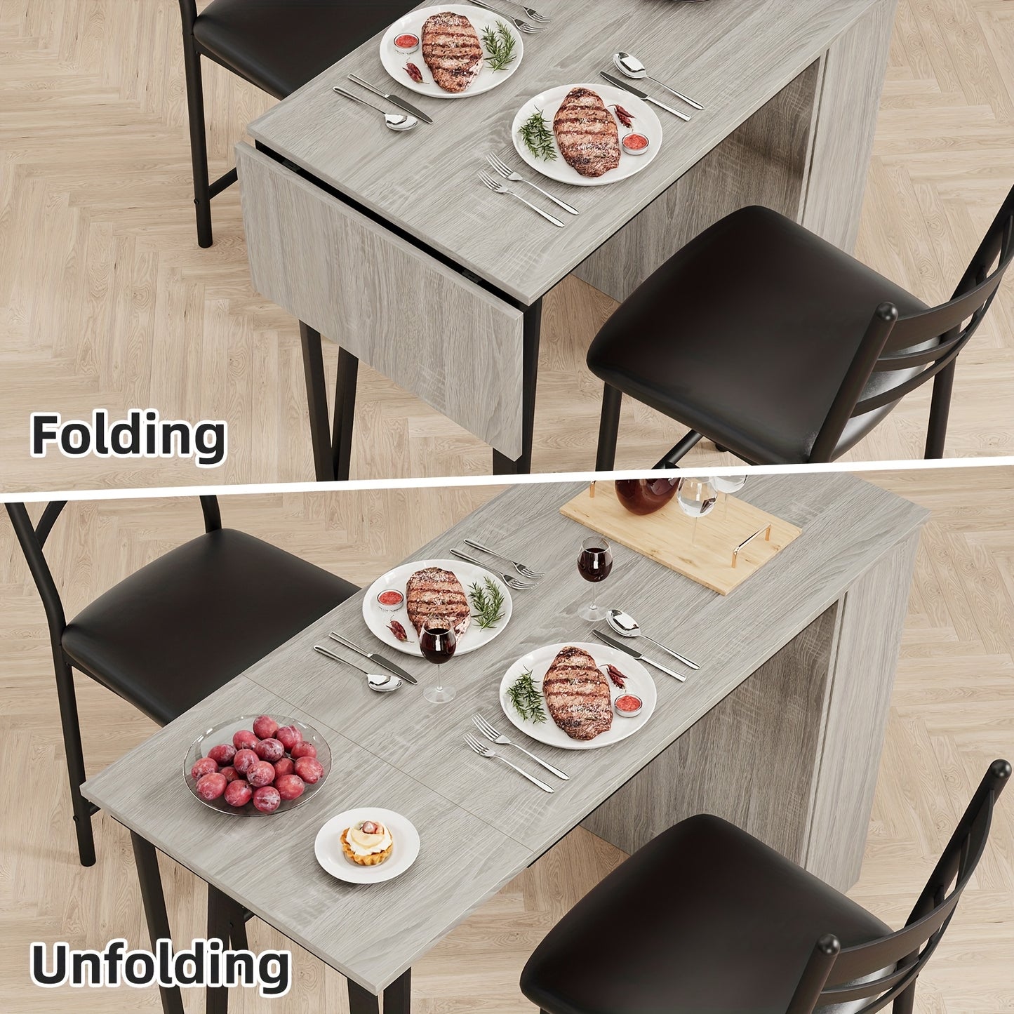 Eettafelset – Uitklapbare Tafel – Keukenstoel – Bartafel – Diningset – Compact Design – 3 Open Planken – Grijs