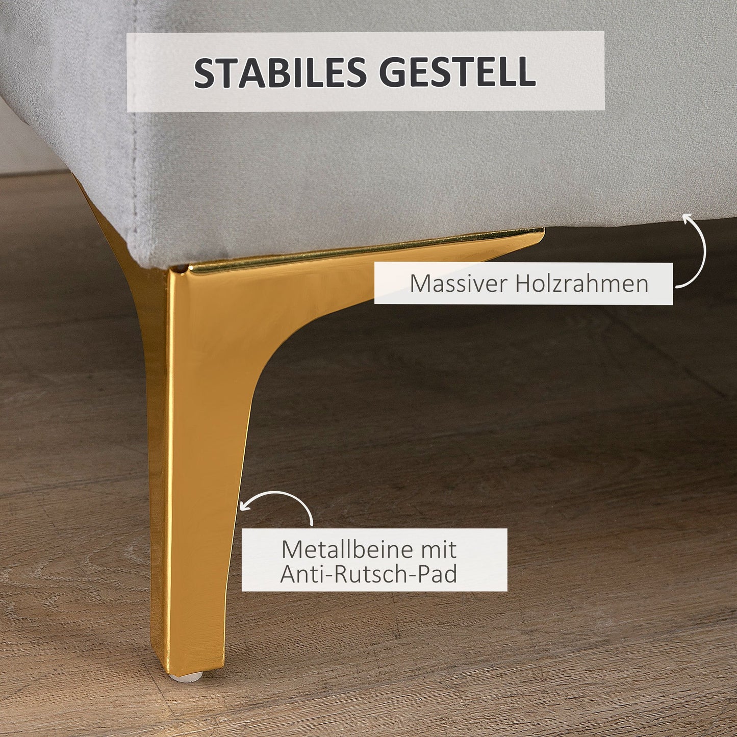 Poef – Opbergpoef – Zitzak – Voetenbankje – Kruk – Fluwelen Bekleding – Lichtgrijs – Met Opbergruimte – Verhoogde Metalen Poten – 118x45x42 cm