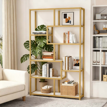 Boekenkast – Boekplank – Openkast – Vakkenkast – Wandrek – Wit Marmer/Goud – 8 Open Planken – Stevig Metalen Frame 180 cm