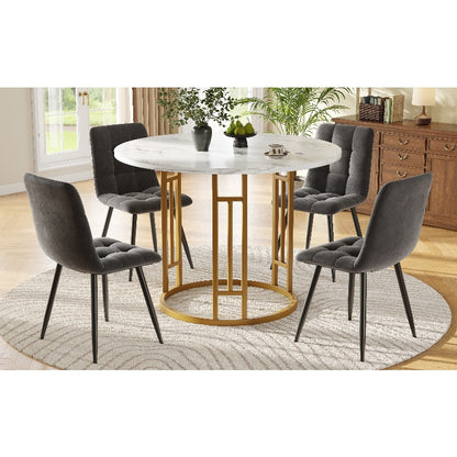 Eettafelset – Eethoek – Diningset – Keukentafelset – Zitgroep – Ronde Tafel 80 cm – MDF Marmerlook Blad – Gouden Metalen Poten – Grijze Comfortabele Stoelen