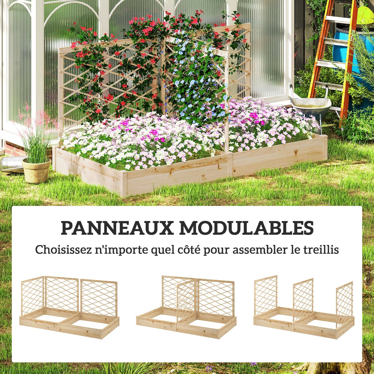 Bloembak – Plantenbak – Tuinbak – Plantenbak Met Klimrek – Bloembak Hout – Verhoogd Tuinbed – Natuurlijk Gelakt Dennenhout – 222x114x109 cm