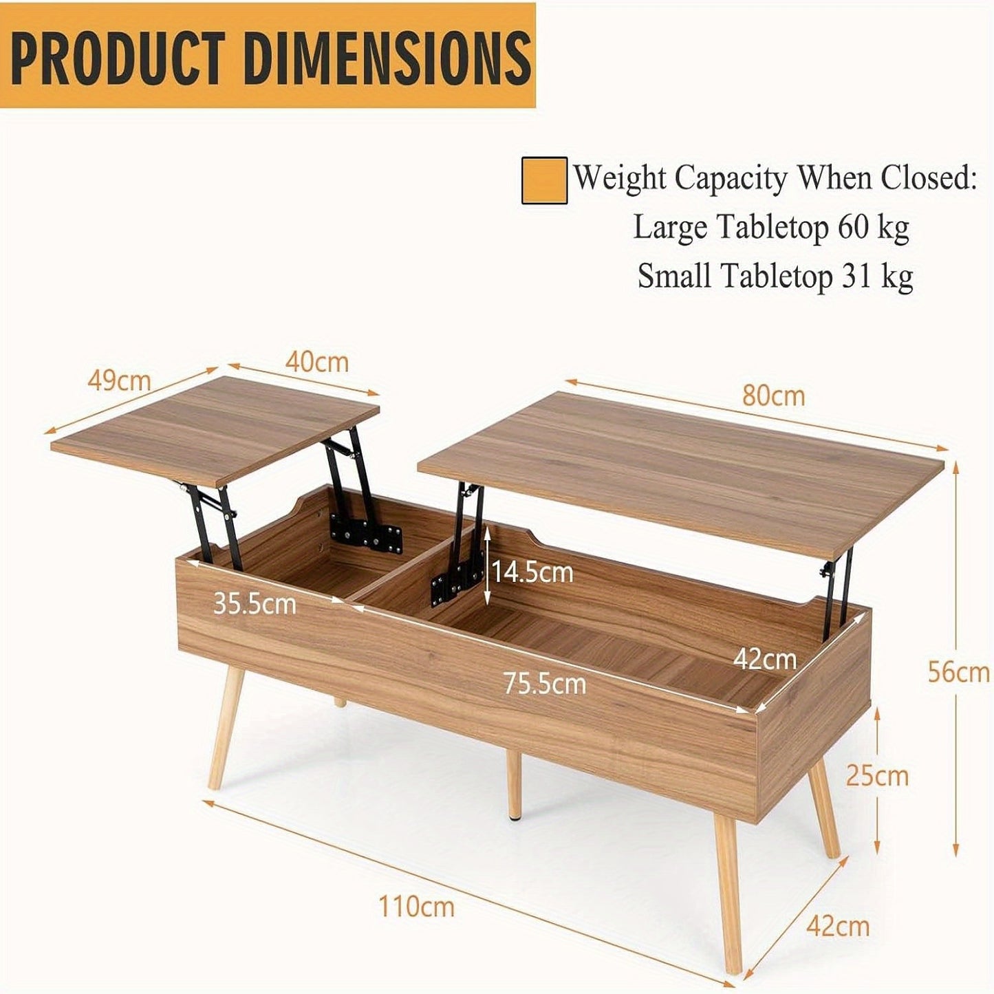Salontafel – Koffietafel – Woonkamertafel – Bijzettafel – Opbergtafel – Verstelbare Hoogte Met Hefmechaniek – 119 cm Breed Met 2 Verborgen Opbergvakken