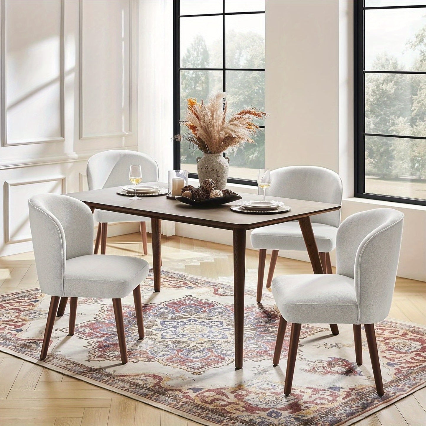 Eetkamerstoelen – Stoelen – Keukenstoelen – Design Stoelen – Witte Stoelen – Set Van 2 – Mid-Century Modern – Gebogen Rugleuning – Gestoffeerde Zitting – Massief Houten Poten