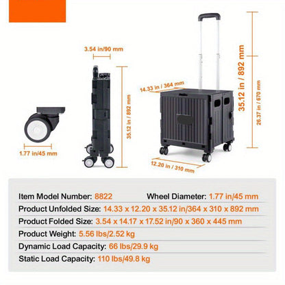 Boodschappenkar – Winkelwagen – Trolley – Transportkar – Inklapbare Kar – Draagkracht 24,9 kg – Allterrain Rubber Wielen – Compact & Lichtgewicht – Zwart