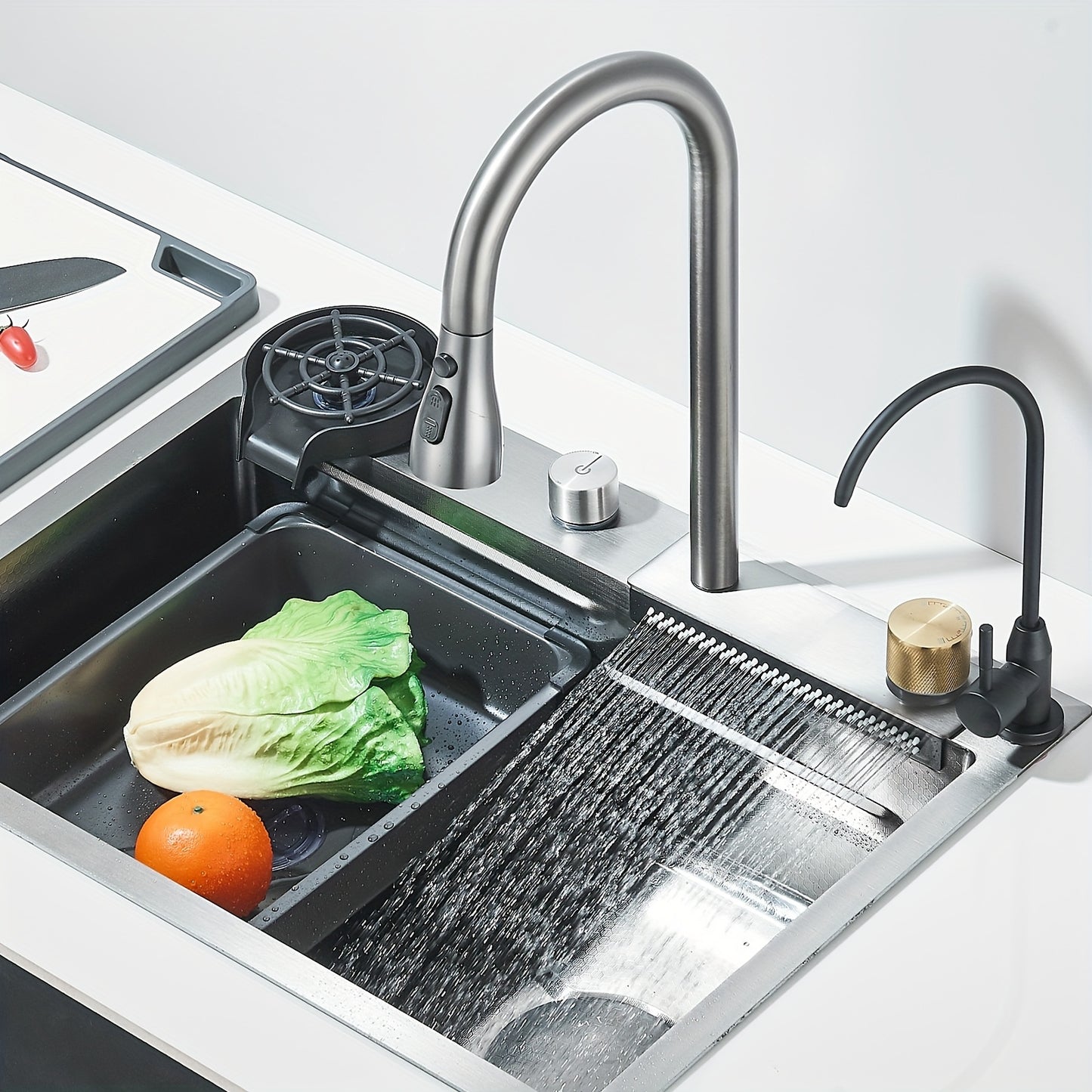 1 Set Built-in Waterfall Sink Single Bowl Kitchen Sinks, High-End Kitchen Deluxe Stainless Steel, Includes 3-In-1 Faucet, Cup Wash And Drain KitStainless Steel Bar Sink with Pull Down Sprayhead Faucet, Gun Gray Or Brushed Gol
