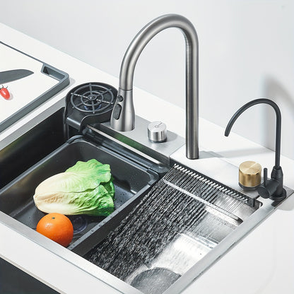 1 Set Built-in Waterfall Sink Single Bowl Kitchen Sinks, High-End Kitchen Deluxe Stainless Steel, Includes 3-In-1 Faucet, Cup Wash And Drain KitStainless Steel Bar Sink with Pull Down Sprayhead Faucet, Gun Gray Or Brushed Gol