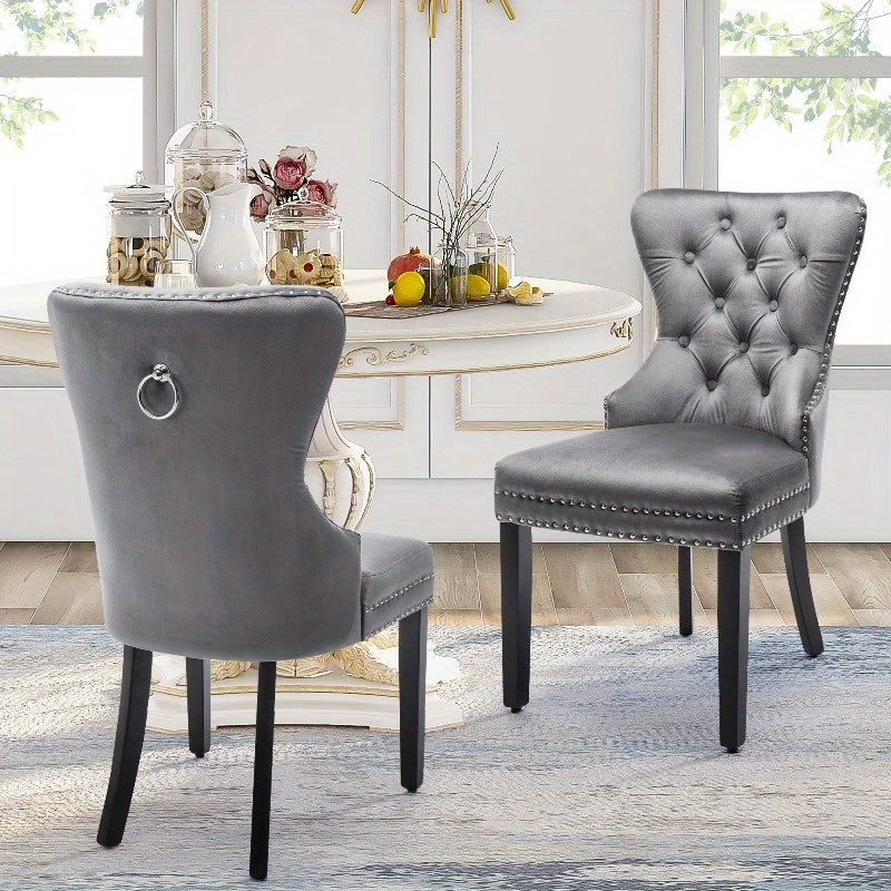 Eetkamerstoelen – Stoel – Keukenstoel – Dining Chair – Zitmeubel – Vintage Grijs Gestoffeerd – Knopenrug & Spijkerbeslag – Veerkrachtige Donsvulling & Stevige Metalen Poten