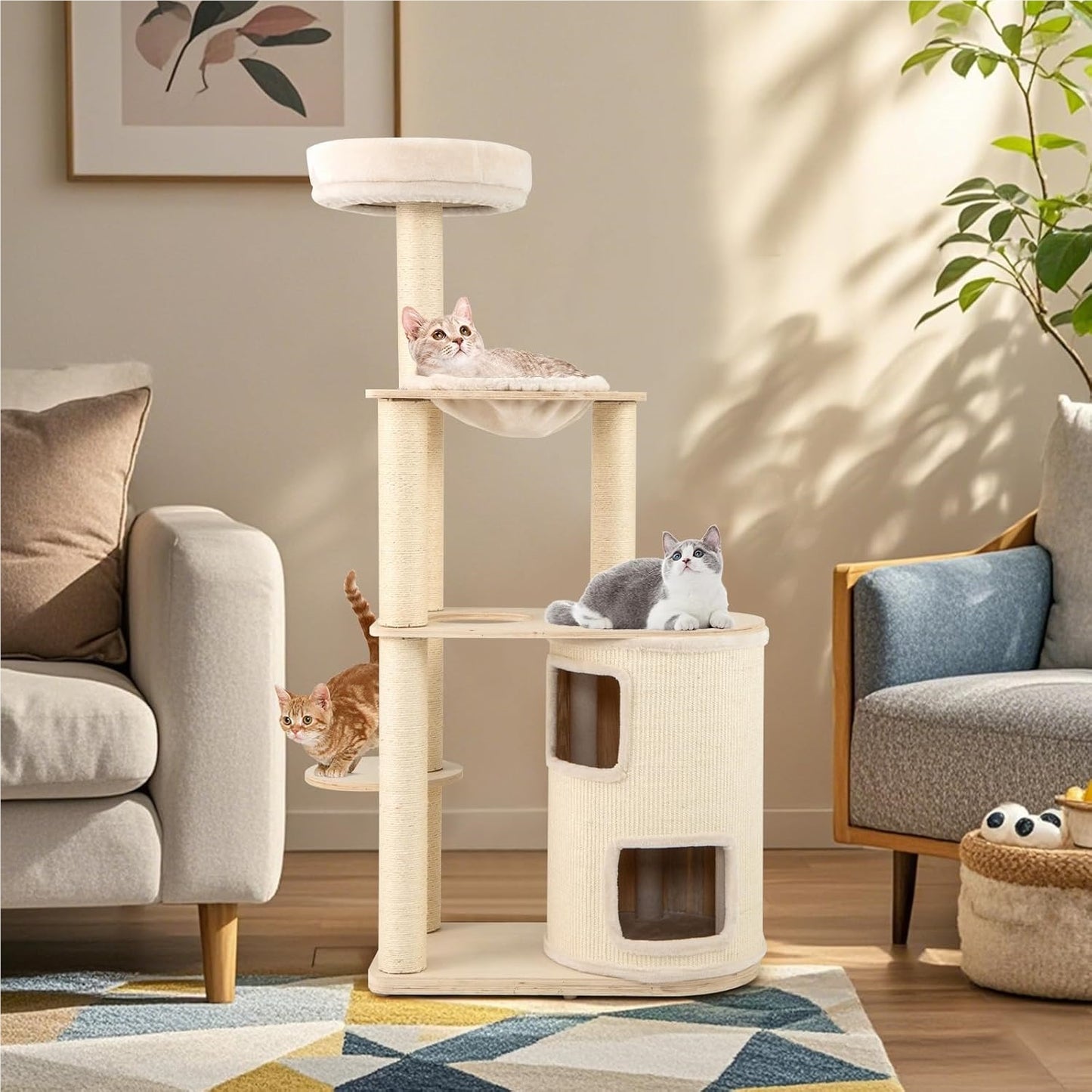 Krabpaal Kat – Klimboom Kattenmeubel – Speelboom Kat – Krabton – Kattenhuis – 151 cm Hoog – Natuurlijk Houten Sisal Krabpost