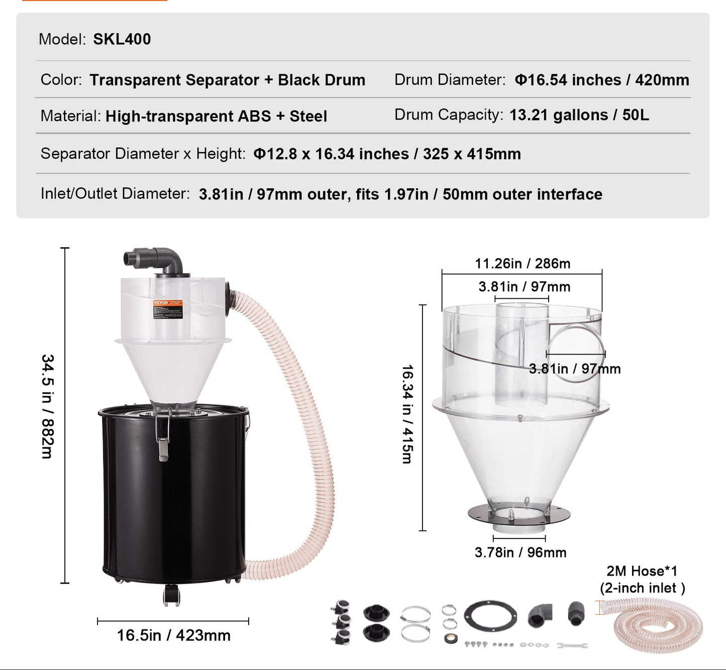 Stofafscheider – Cycloonfilter – Stofzuiger Voorafscheider – Stofvanger – Stofopvangtank – Transparant Ontwerp – 50L Metalen Tank