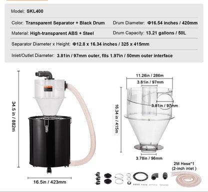 Stofafscheider – Cycloonfilter – Stofzuiger Voorafscheider – Stofvanger – Stofopvangtank – Transparant Ontwerp – 50L Metalen Tank