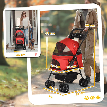 Hondenbuggy – Dierenwagen – Huisdierwagen – Wandelwagen – Dierenbuggy – Opvouwbaar – 4 Wielen Met Remmen – Ventilatie Met Gaaspanelen – Rood – 67x45x96 cm