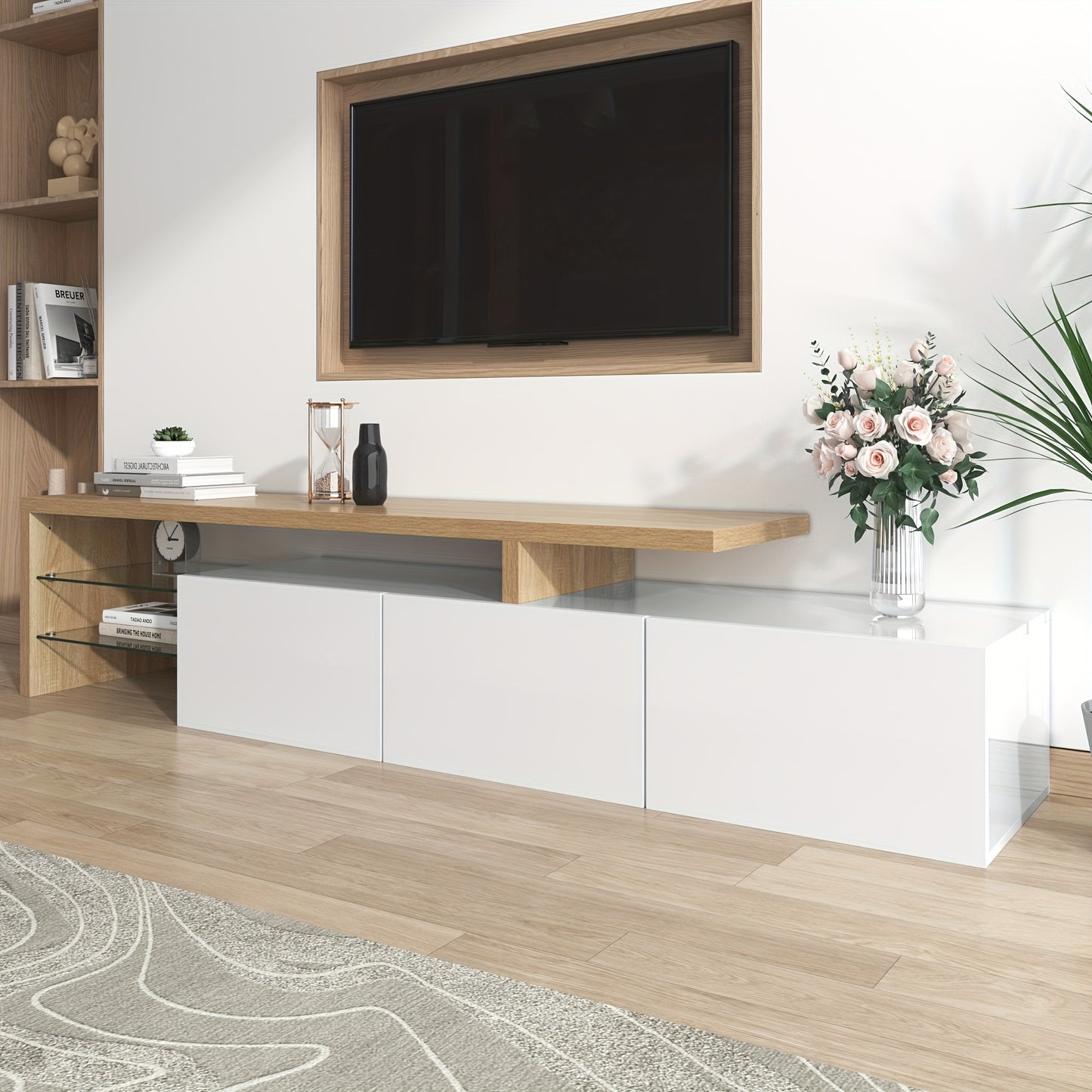 Tv Meubel – TV Kast – TV Meubelkast – Mediameubel – TV Dressoir – Hoogglans Wit – Bamboe Met Glazen Planken – Minimalistisch Ruimtebesparend Design