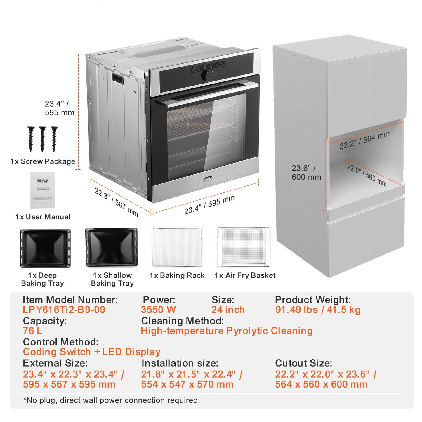 Inbouwoven – Elektrische Oven – Muuroven – Bakoven – Conventionele Oven – 76 Liter Inhoud – 16 Functies & Pyrolytische Zelfreiniging