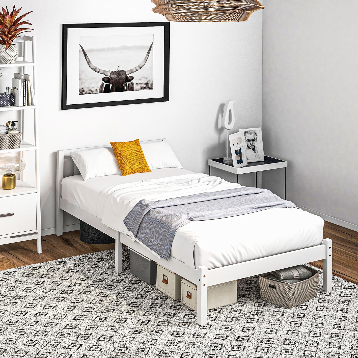 Bedframe – Bedbodem – Tienerbed – Eenpersoonsbed – Ledikant – Houten Frame – Inclusief Hoofdeinde – Voor Matras 90x190 cm – Belastbaar Tot 120 Kg – Wit