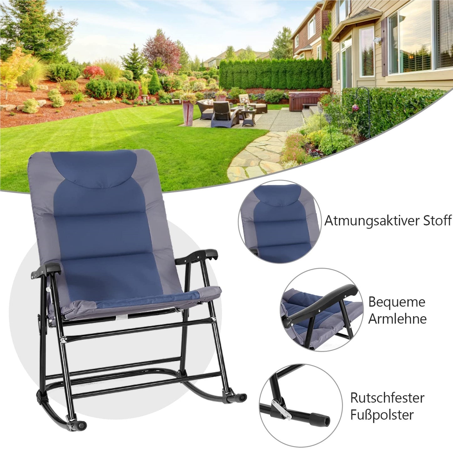 Tuinstoel – Schommelstoel – Loungestoel – Bistrostoel – Relaxstoel – 3-delige Set – Inklapbaar – Stalen Frame – Blauw