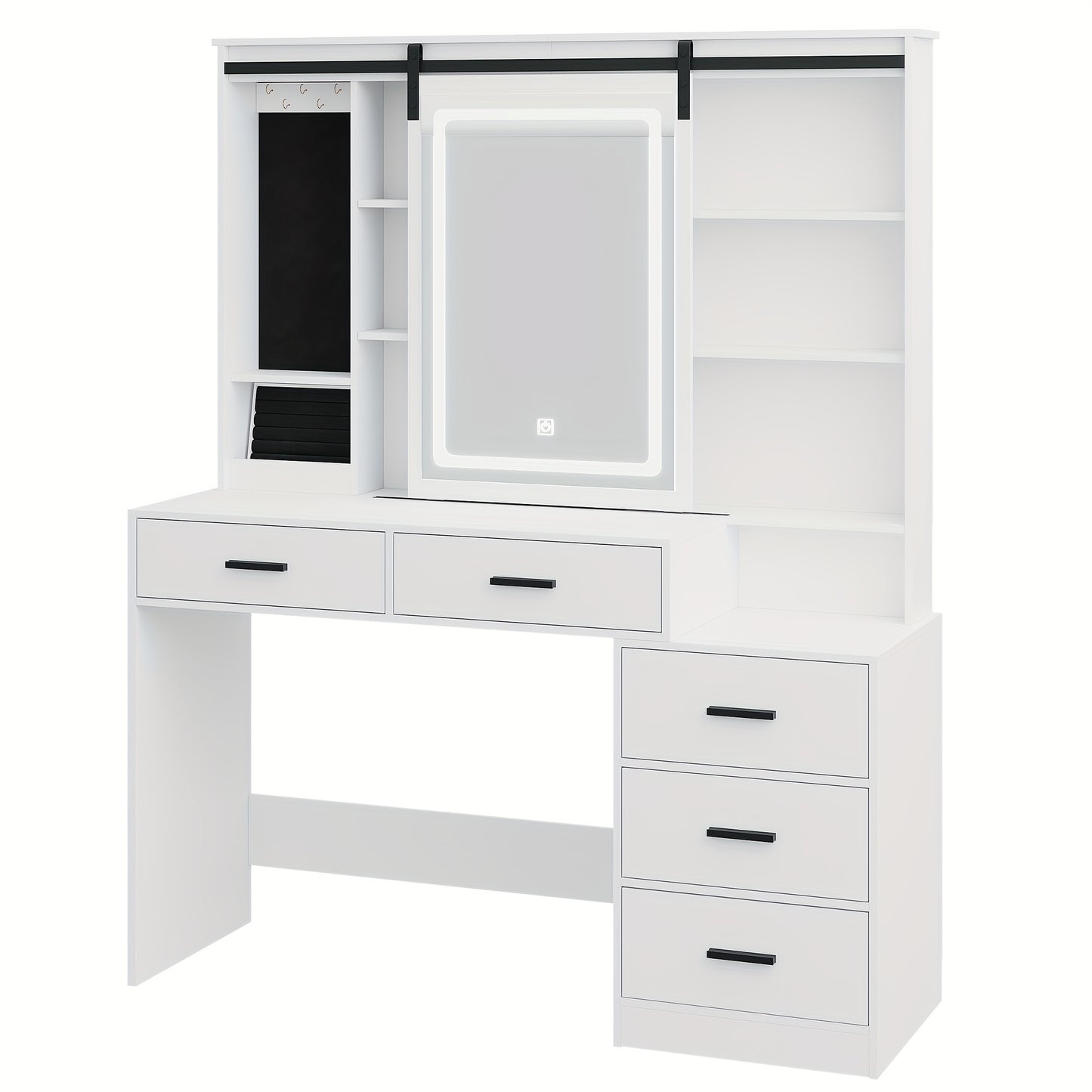 Dressing Table with Adjustable LED Lighting, Removable Large Mirror, with Jewelry Storage, Open Shelves, 5 Drawers, with Side Table, for Bedroom, White