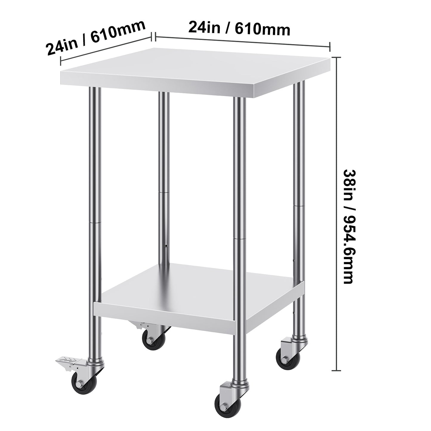RVS Werktafel – Werkbank – Keukentafel – Inpaktafel – Werkoppervlak – Roestvrij Staal – 60x60 cm – 4 Zwenkwielen Met Rem
