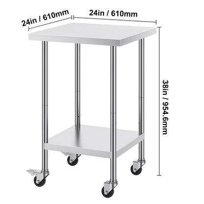 RVS Werktafel – Werkbank – Keukentafel – Inpaktafel – Werkoppervlak – Roestvrij Staal – 60x60 cm – 4 Zwenkwielen Met Rem
