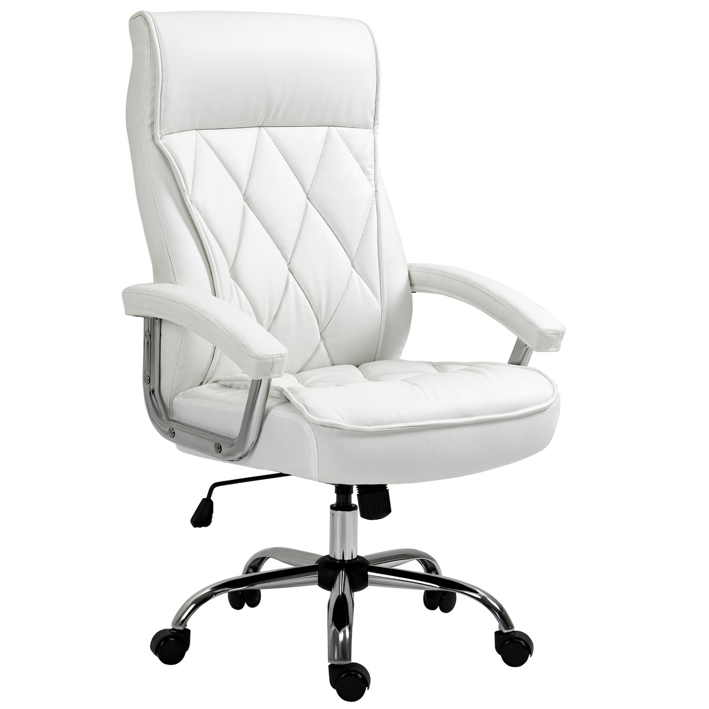 Bureaustoel – Executive Chair – Office Chair – Draaistoel – Ergonomische Stoel – Hoogte Verstelbaar – 360° Draaibaar Met Schommelfunctie – Wit Kunstleer Met Diamantpatroon – Stabiel Metalen Frame 66x69x121 cm