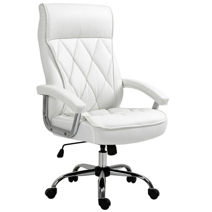 Bureaustoel – Executive Chair – Office Chair – Draaistoel – Ergonomische Stoel – Hoogte Verstelbaar – 360° Draaibaar Met Schommelfunctie – Wit Kunstleer Met Diamantpatroon – Stabiel Metalen Frame 66x69x121 cm