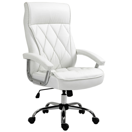 Bureaustoel – Executive Chair – Office Chair – Draaistoel – Ergonomische Stoel – Hoogte Verstelbaar – 360° Draaibaar Met Schommelfunctie – Wit Kunstleer Met Diamantpatroon – Stabiel Metalen Frame 66x69x121 cm