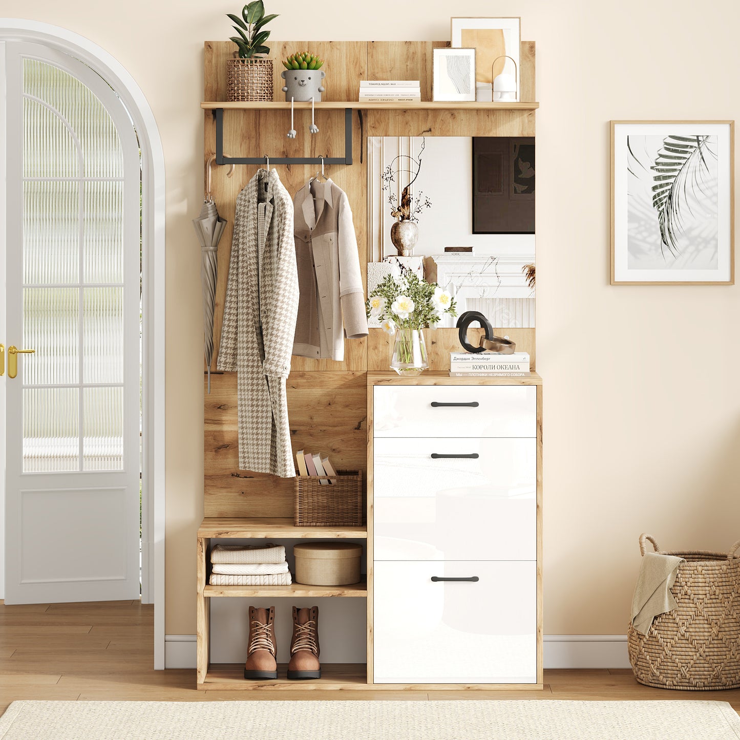 Halmeubel – Kapstok – Schoenenkast – Zitbank – Spiegel – Wit Met Houtlook – Compact Ontwerp 100x38,5x190 cm – Multifunctioneel Met Lade En Opslagruimte