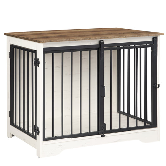 Hondenbench – Hondenhok – Hondenkooi – Hondenren – Hondenmand – Moderne Houten Bench Wit-Bruin – 81x55x67,5 cm – Dubbele Schuifdeuren