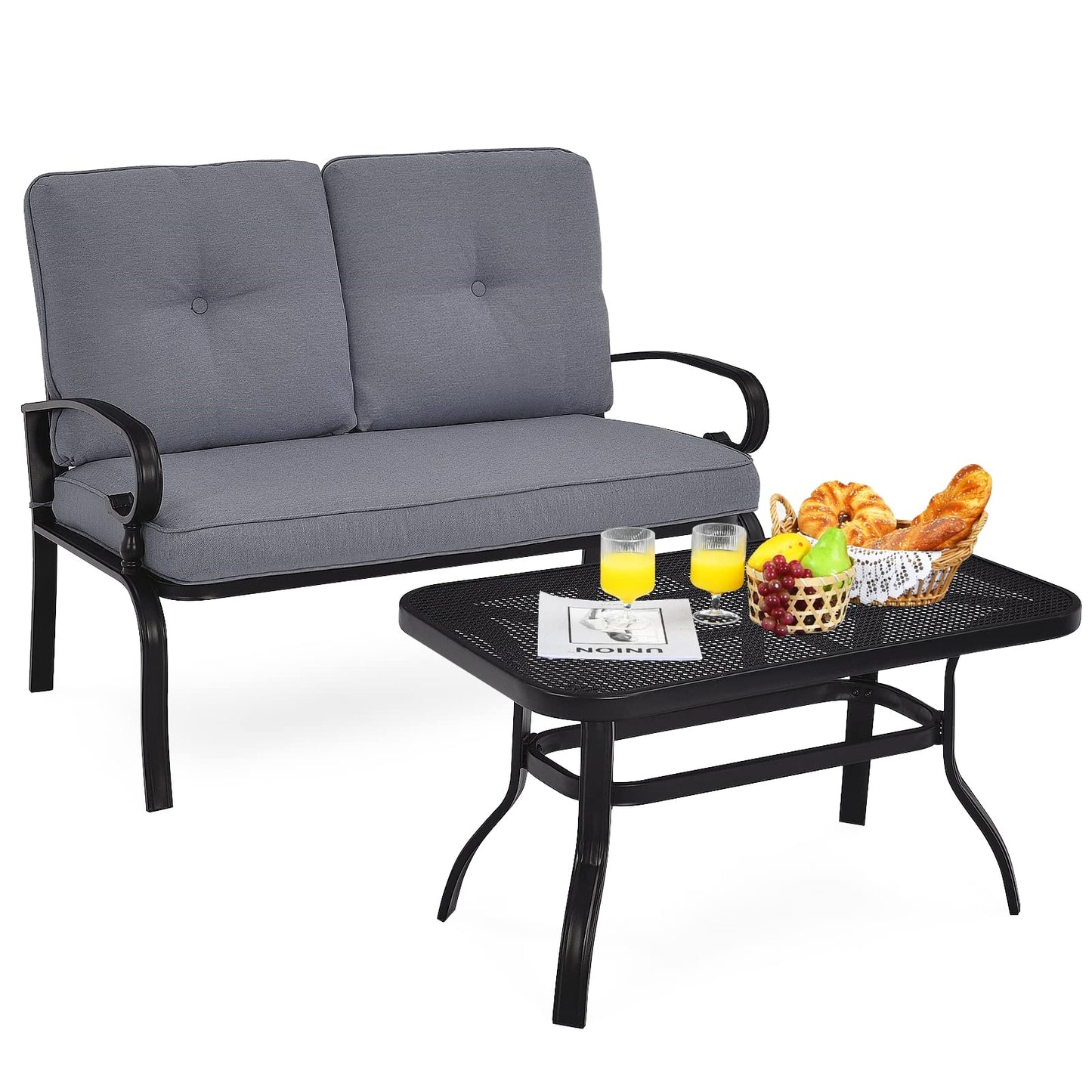Tuinbank – Buitenbank – Balkonbank – Zitbank – Tuin Zitgroep – Comfortabel Met Kussens – Duurzaam Metalen Frame – Inclusief Koffietafel 120x76 cm