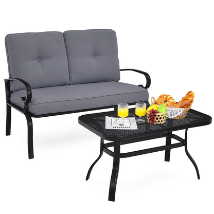 Tuinbank – Buitenbank – Balkonbank – Zitbank – Tuin Zitgroep – Comfortabel Met Kussens – Duurzaam Metalen Frame – Inclusief Koffietafel 120x76 cm