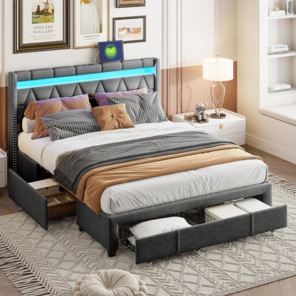 Gestoffeerd Tweepersoonsbed – Bedframe – Ledikant – Bed Met Opberglades – Slaapbed – 140x200 cm – LED Verlichting – USB Oplaadpoort