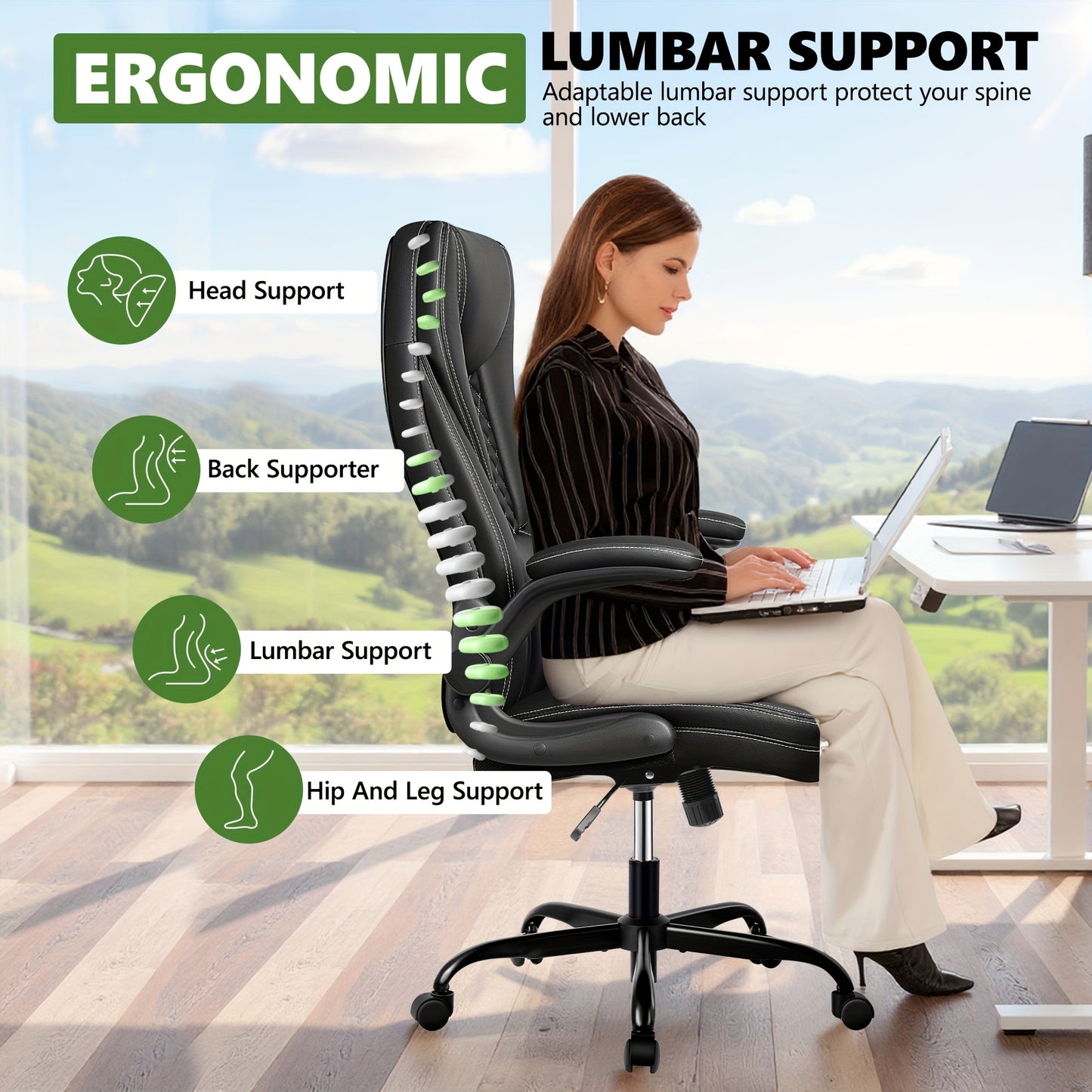 KERDOM Heavy Duty Executive Office Chair - Extra Wide Big and Tall Computer Desk Chair with Ergonomic High Back Support, Height-Adjustable, 135° Tilt & Rocker Mechanism, Lumbar Cushion, Flip-Up Arms, Heavy Duty 150kg/330lbs