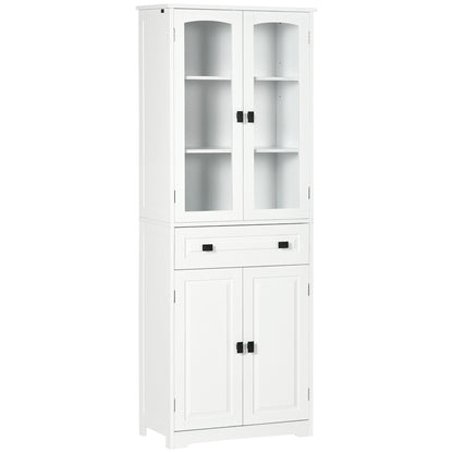 Buffetkast – Hoge Keukenkast – Opbergkast – Dressoir – Wandkast – Wit – MDF Hout – 160 cm Hoog – 2 Glasdeuren & Lade