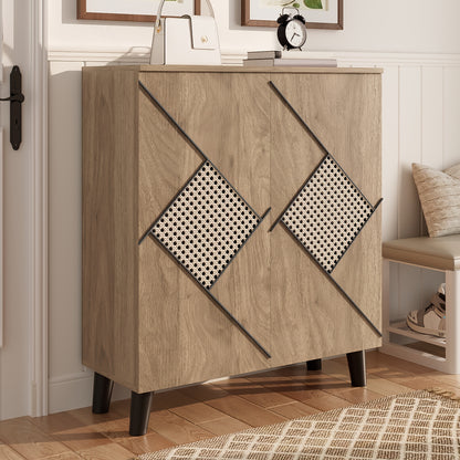Schoenenkastje – Schoenopberger – Schoenenrek – Schoenenkast – Opbergkast – Bamboe – Rattan Deuren – Vrijstaand – Compact No-Assembly Design