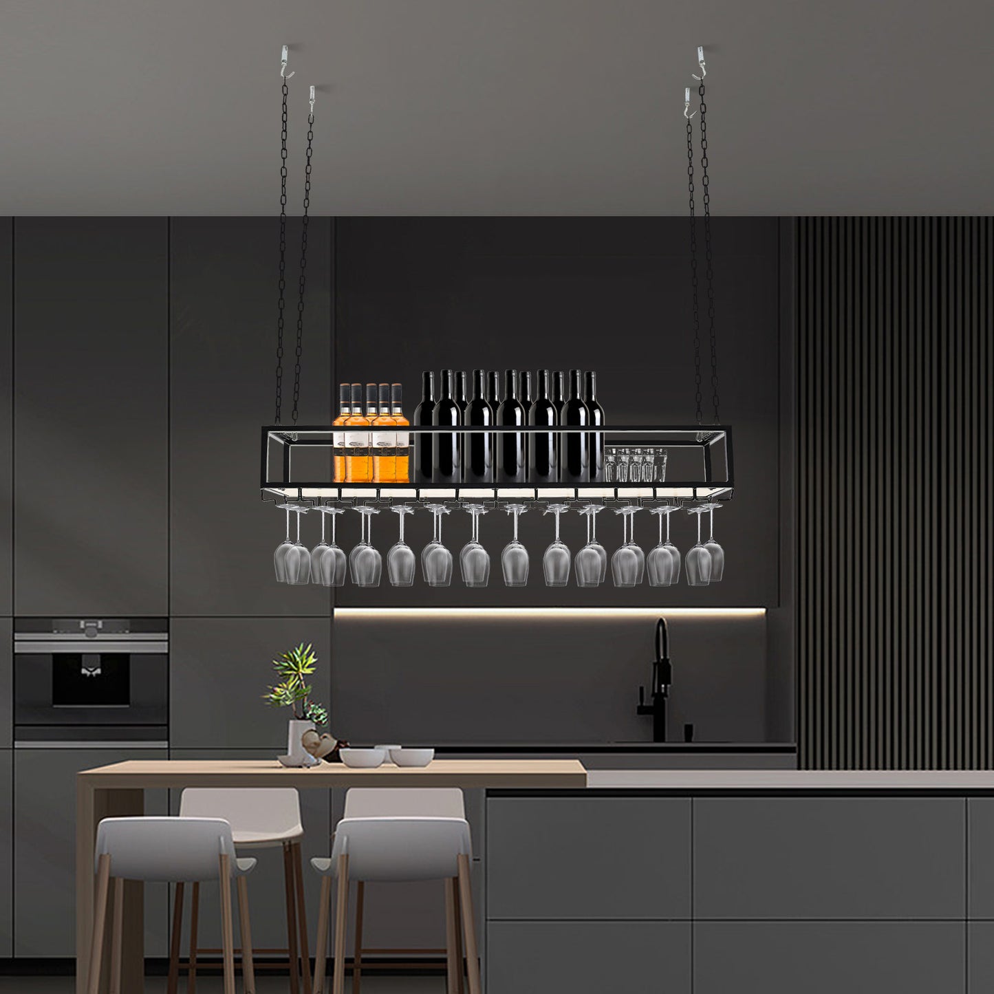 Wijnrek Plafond – Wijnhouder – Glazenhouder – Flessenrek – Wijnrek Met Glasopslag – Zwart Metaal – 120 cm – Stijlvol Industrieel Ontwerp – Draagkracht 75 kg