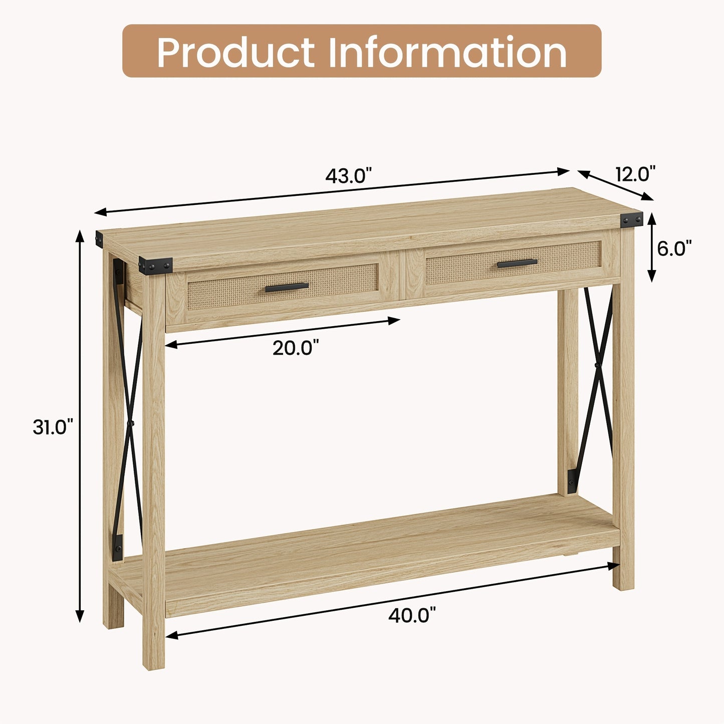Console Table – Sidetable – Haltafel – Sofa Table – Opbergmeubel – 110x30x78 cm – MDF & Massief Hout – Rattan Lades met X-Design