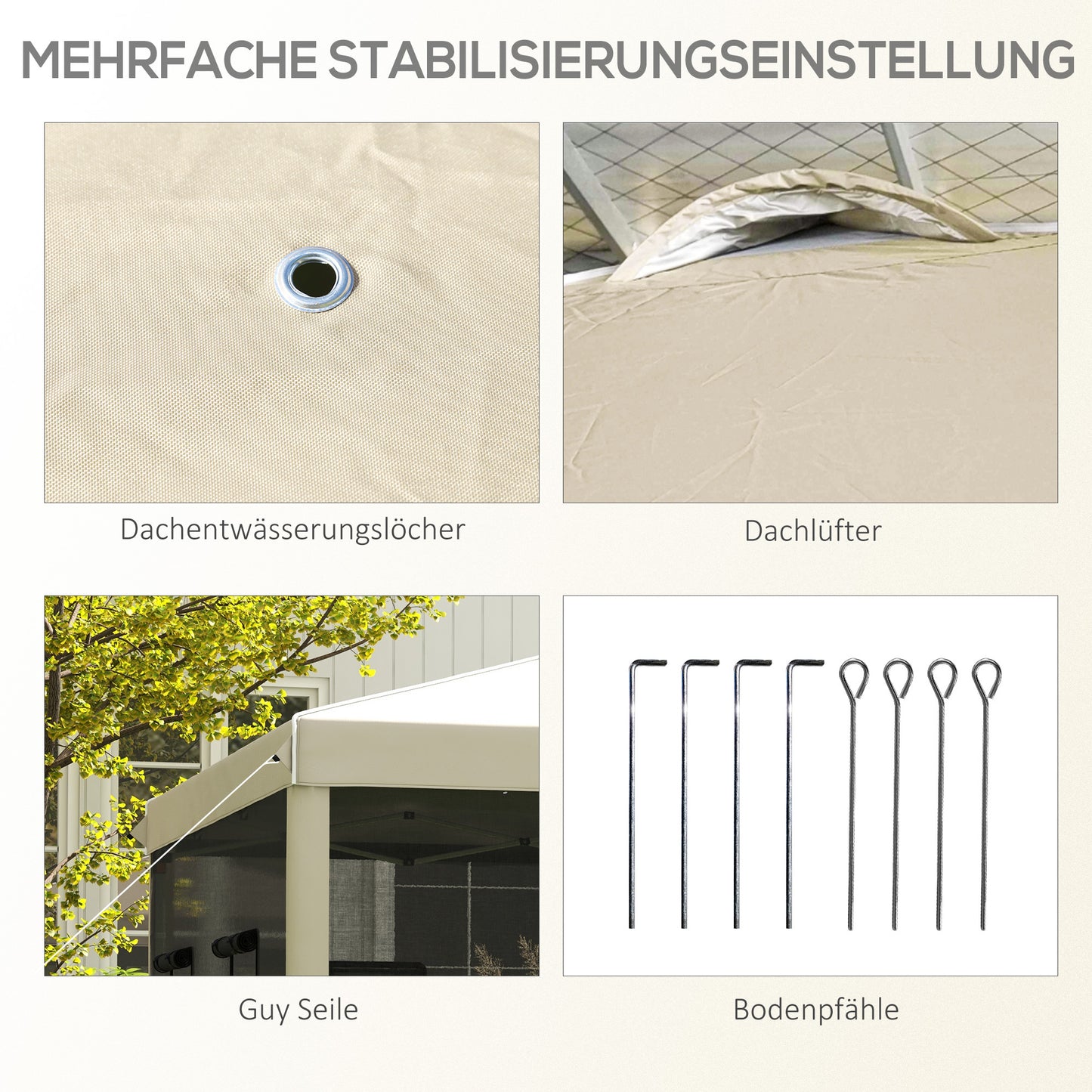 Inklapbaar Tuinpaviljoen – Vouwtent – Tuinkraam – Overkapping – Partytent – Hoogte Verstelbaar – Met Muskietennet – 3x3 Meter Beige