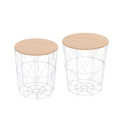 Bijzettafel – Bijzettafels – Sidetable – Nachtkastje – Salontafel – Set van 2 – Natuurlijk Wit – Metaal & MDF – Afmeting 40x45 cm